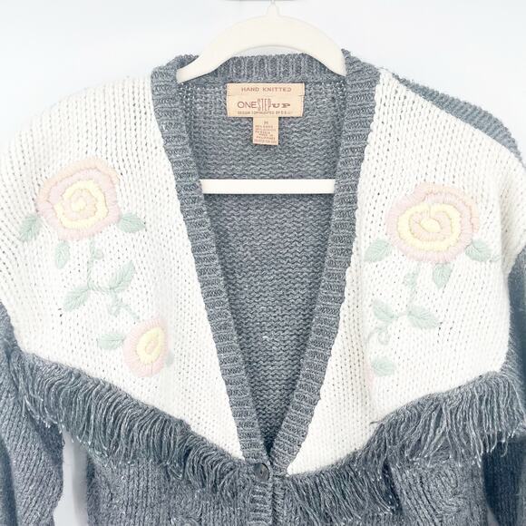 One Step Up Vintage 90s Boho Fringe Floral Hand Knitted‎ Cardigan Sweater Size M - Picture 3 of 6